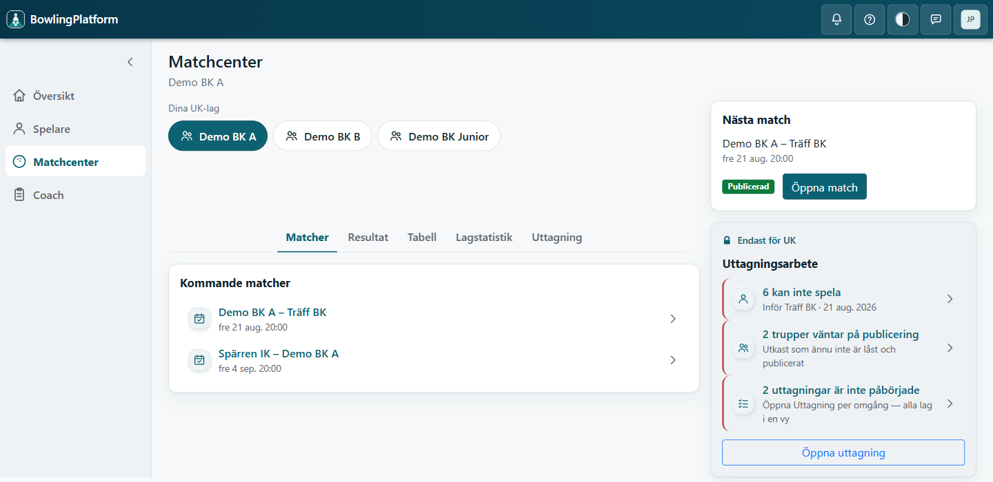 Matchcenter i BowlingPlatform med kommande matcher, nästa match och uttagningsarbete.